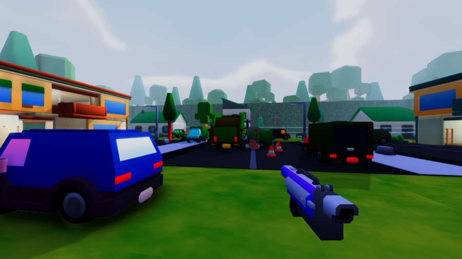 A suburban cul-de-sac with parked cars and houses, from a first-person view