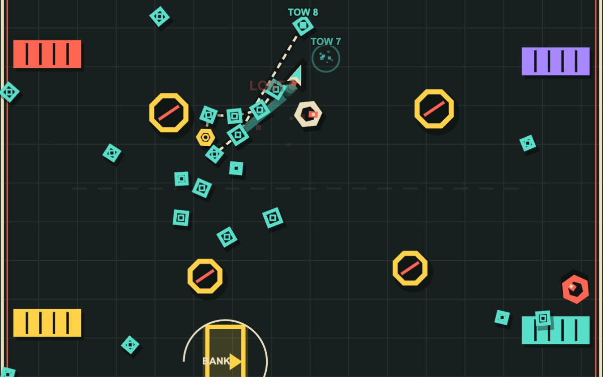 Chainshift gameplay: a salvage tug whipping a bright cargo towline through security drones