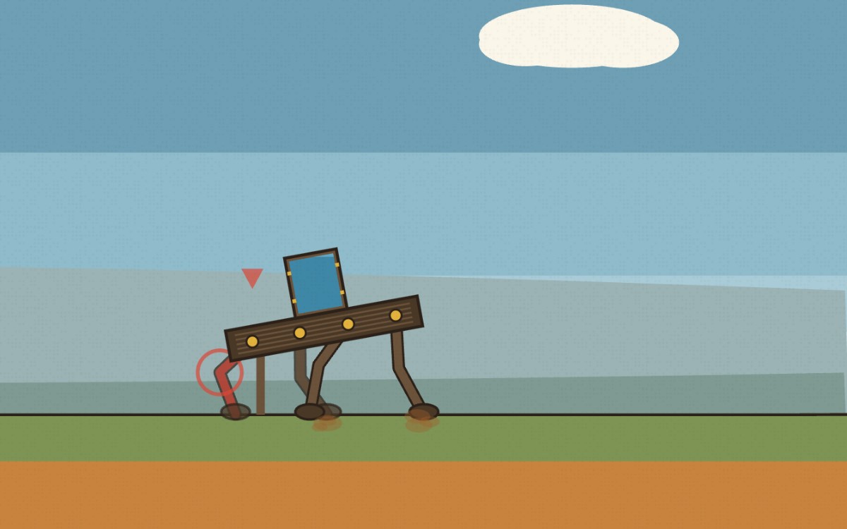 Galumph gameplay: a timber walking machine carrying a barrel of water strides across open countryside under a wide blue sky