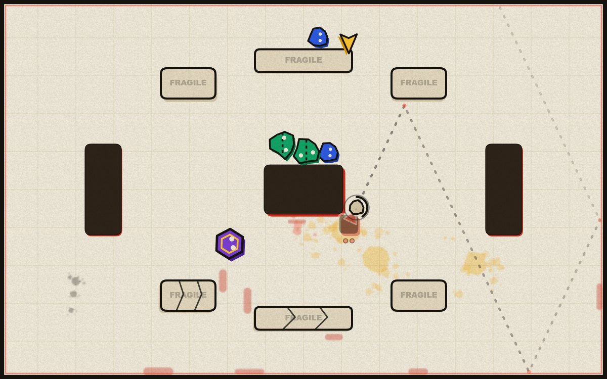 Inkshot gameplay: a paper arena with a dotted ricochet line, ink splatter and cut-out enemies