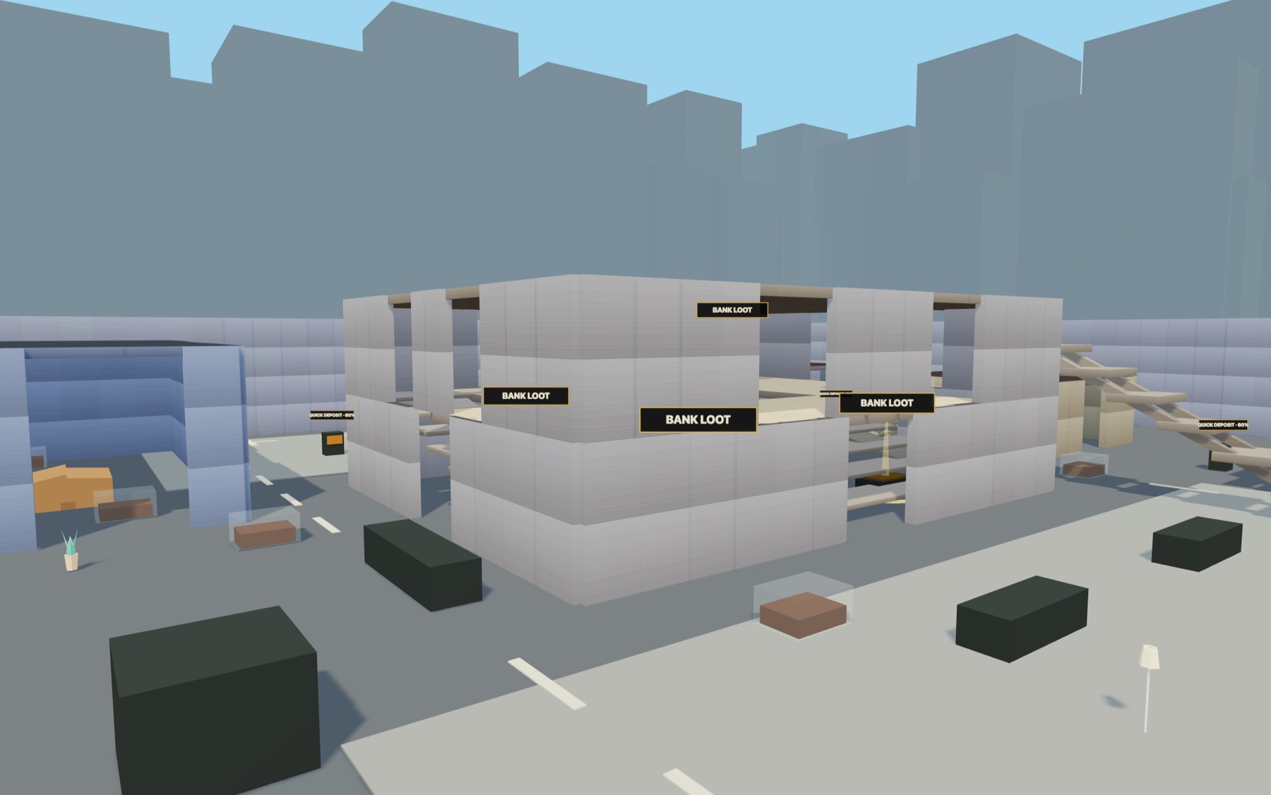 Vault Rush gameplay: a city block with the bank at its centre, gold deposit points marked across its front, a loading yard to one side and a city skyline beyond the perimeter wall